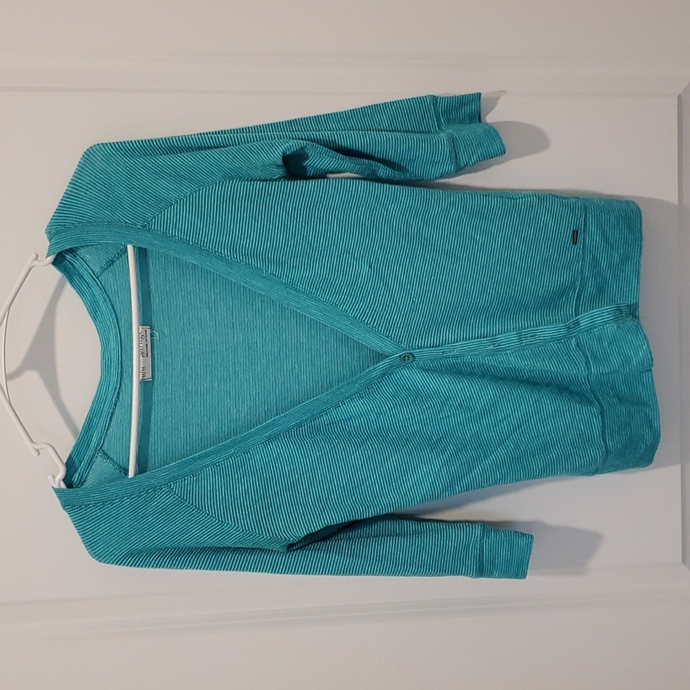 Garage Brand Teal and White Striped 3/4 Sleeve Cardigan Size Medium